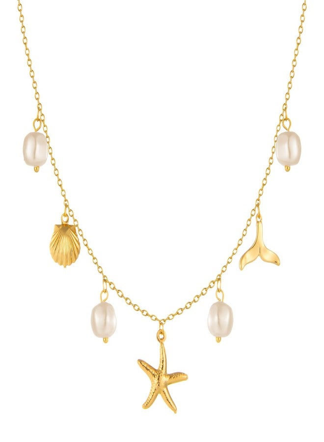 Sanyaa Charm Necklace for Women Pearl Starfish Seashell 14k Gold Summer Beach Surfer Jewelry Necklace Gifts (Mermaid Tail) - Image 1
